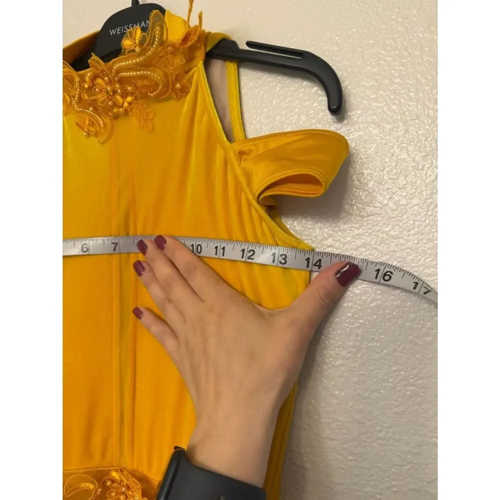 WEISSMAN Dance Costume yellow velvet maxi appliqué dress WASTE OF TIME 10984 SA